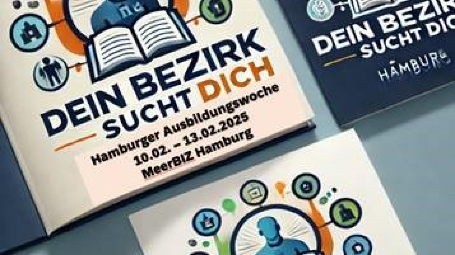 Auf dem Bild steht "Dein Bezirk sucht dich, Hamburger Ausbildungswoche vom 10. bis 13. Februar im meerBiZ Hamburg"