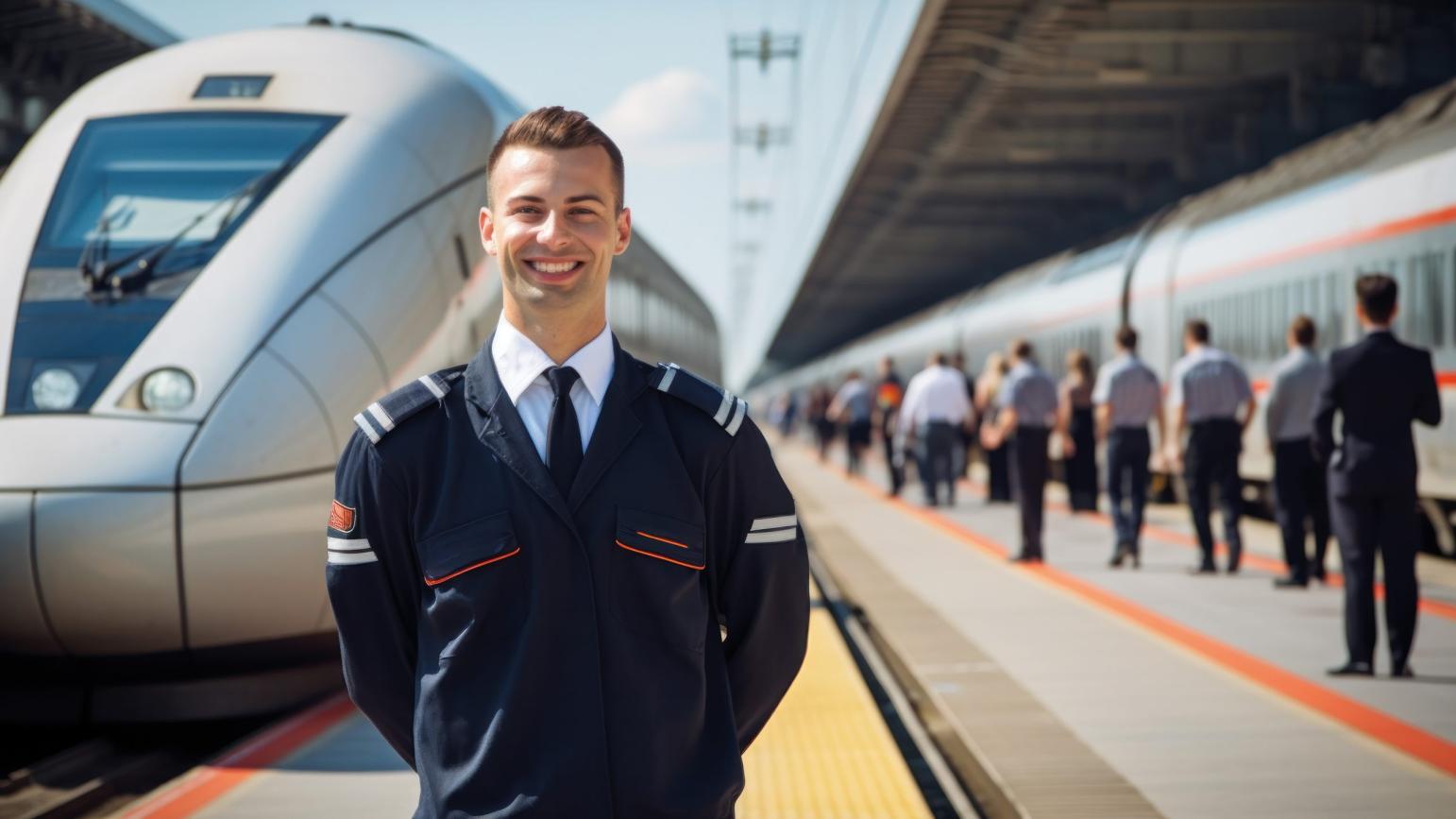 Ein Bahnmitarbeitender steht vor der Kamera und lächelt. Links ist ein Zug zu sehen, rechts ein Bahnsteig mit wartenden Menschen.