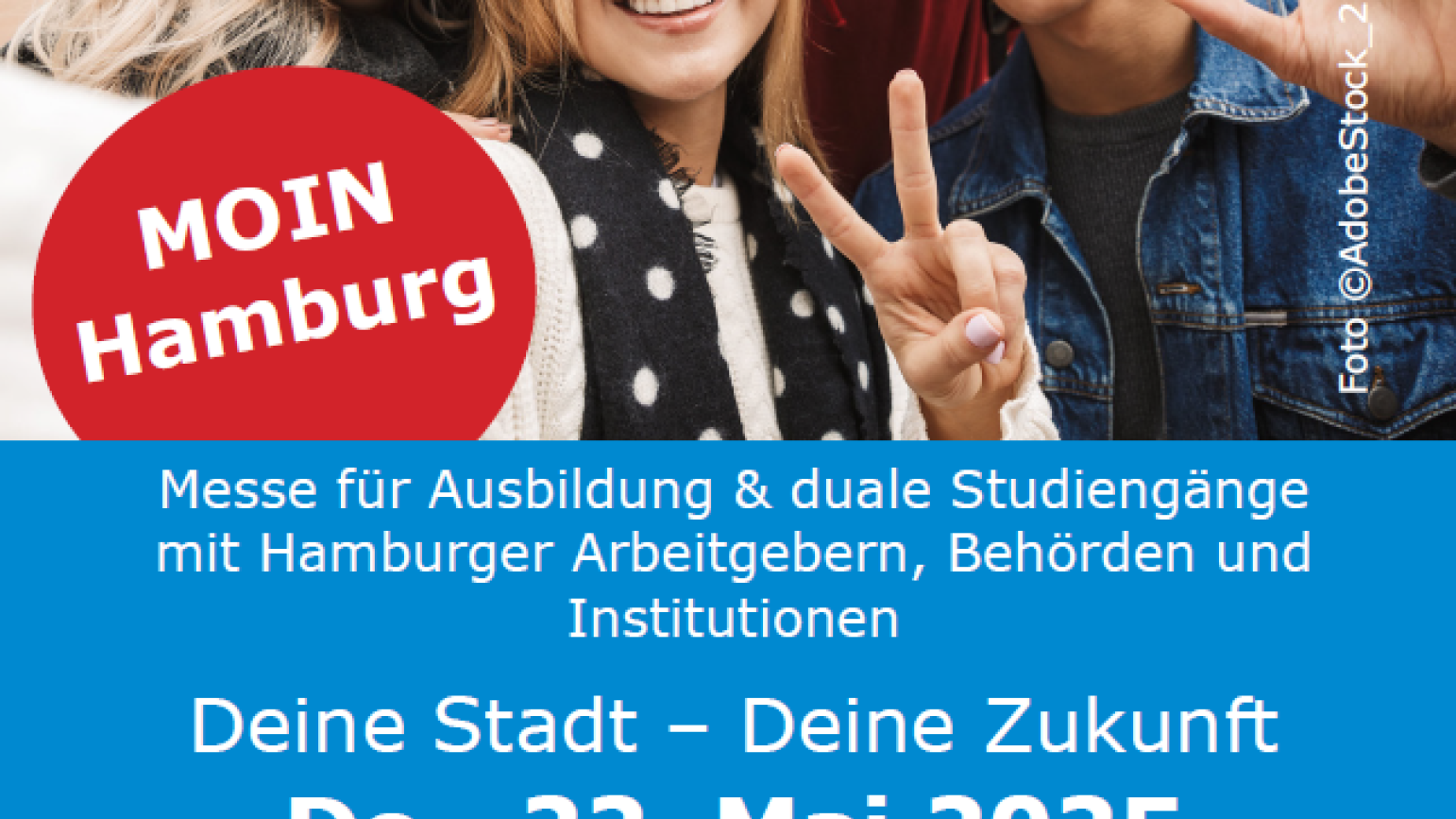 Ein Werbeflyer mit lächelnden Personen. Darunter "Moin Hamburg, 22. Mai 2025, 10:00 - 13:00 Uhr im meerBiZ Hamburg