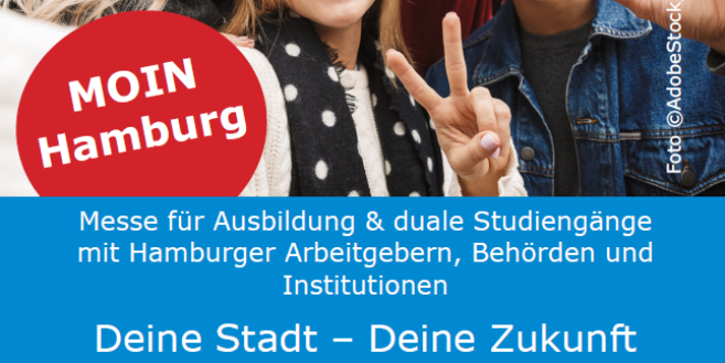 Ein Werbeflyer mit lächelnden Personen. Darunter "Moin Hamburg, 22. Mai 2025, 10:00 - 13:00 Uhr im meerBiZ Hamburg