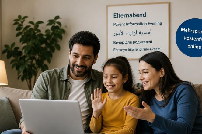 Mutter, Vater und Tochter auf dem Sofa während einer Videokonferenz