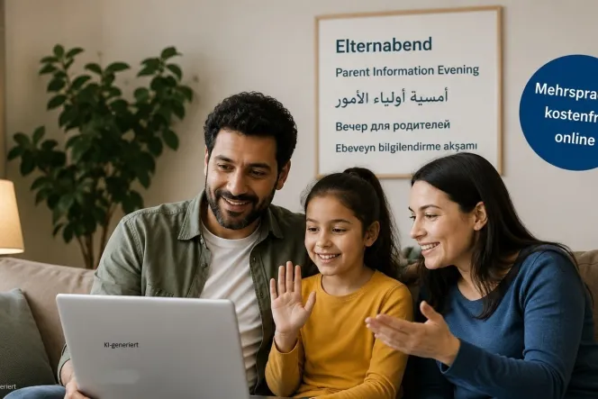 Eltern sitzen mit Tochter auf dem Sofa und nehmen an einer Videokonferenz teil.