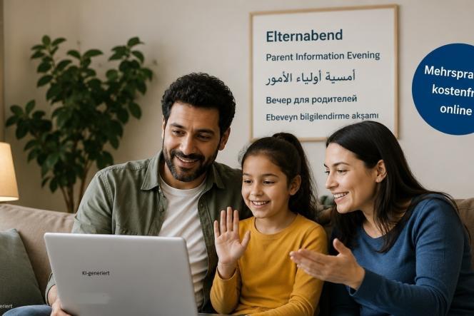 Eltern sitzen mit Tochter auf dem Sofa und nehmen an einer Videokonferenz teil.