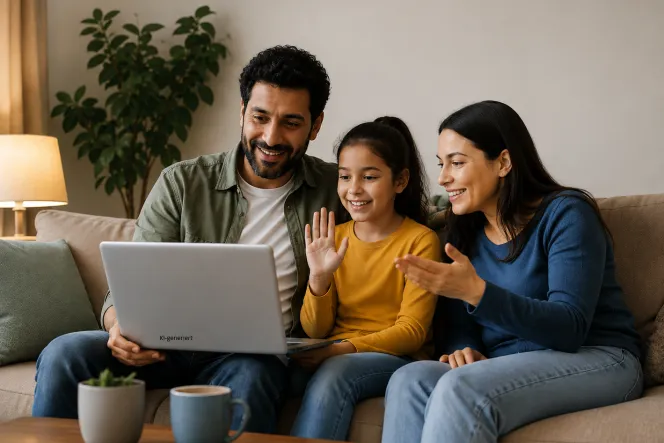 Eltern mit Tochter sitzen auf dem Sofa und nehmen an einer Videokonferenz teil