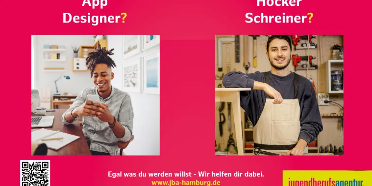 magentafarbener Grund mit der Aufschrift "AppDesigner? HockerSchreiner? Egal, was du werden willst. Wir helfen dir dabei. Jugendberufsagentur Hamburg.