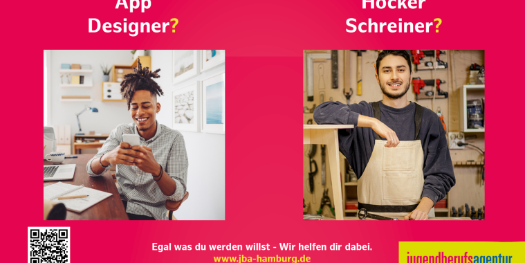 magentafarbener Grund mit der Aufschrift "AppDesigner? HockerSchreiner? Egal, was du werden willst. Wir helfen dir dabei. Jugendberufsagentur Hamburg.
