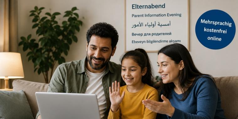Mutter, Vater und Tochter auf dem Sofa während einer Videokonferenz