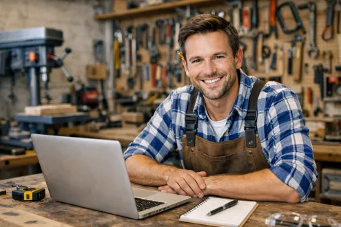 Ein Handwerker sitzt an der Hobelbank seiner Werkstatt hinter einem Notbook und lächelt in die Kamera